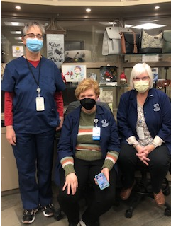 In the Jennie gift shop with (left) Rita, employee from Rx department and volunteers (middle) Donna Hubbell and (right) Sharon Manz.